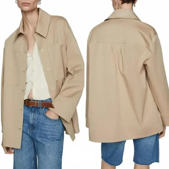Mango Cotton Blend Oversized Overshirt with Pockets Beige NWT Small - Picture 1 of 8